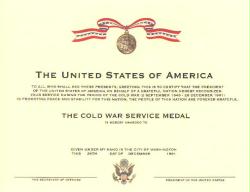 Cold War Service Medal Certificate